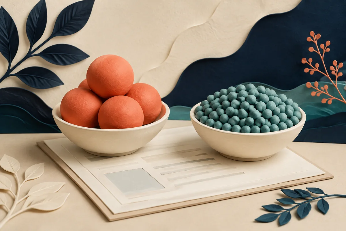 Two bowls containing a few large coral spheres and many small teal spheres, a conceptual comparison of particle content and number.