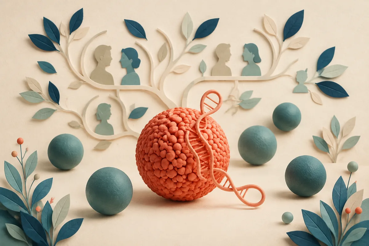 Conceptual family tree and intertwined strands beside teal and coral particles, illustrating inherited lipid risk.