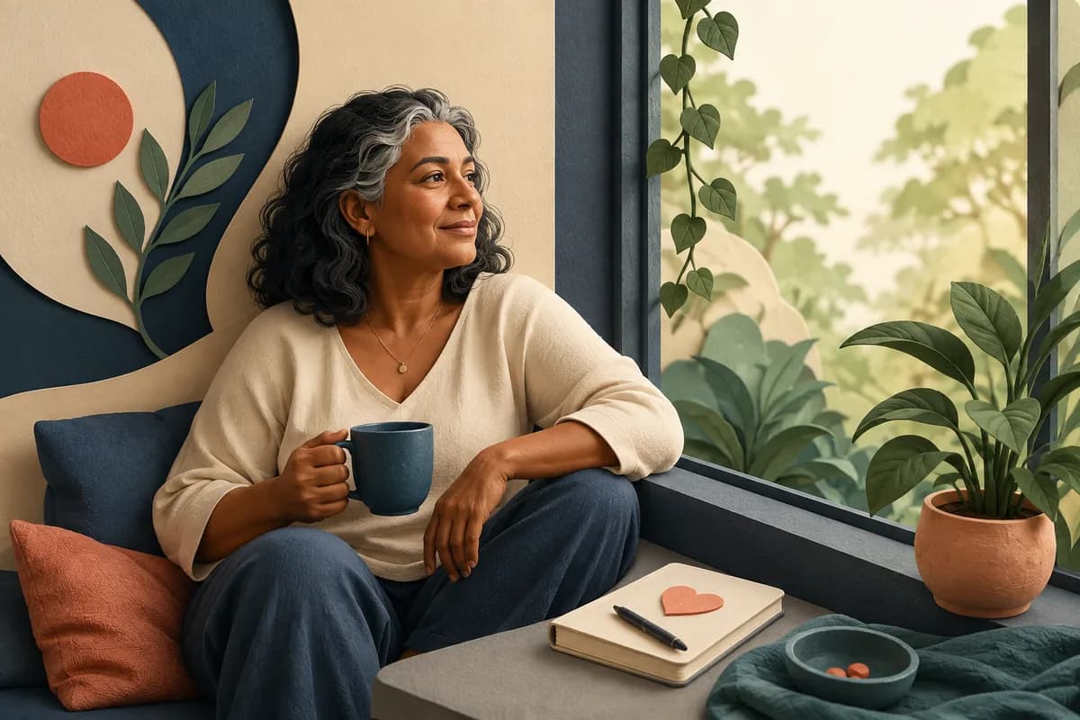 A midlife woman with grey-streaked hair sitting beside a bright window with a notebook and houseplants.