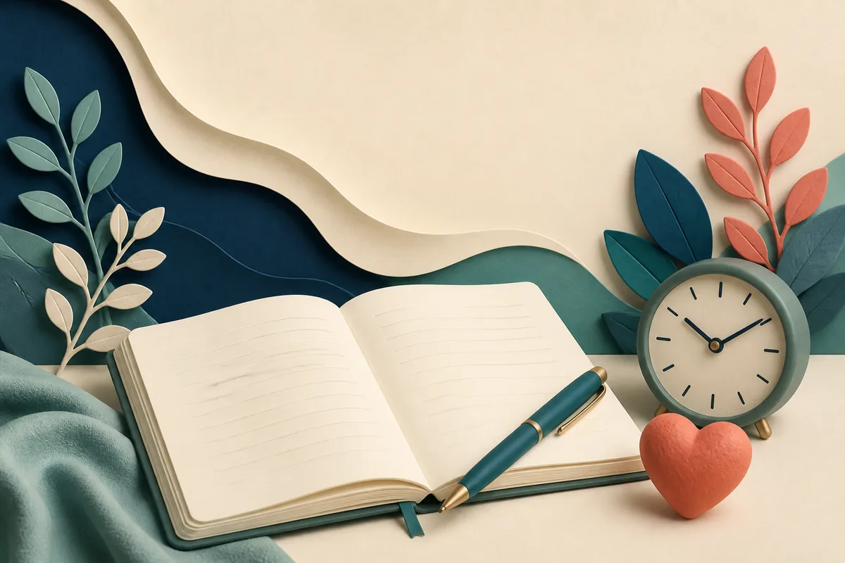 A blank lined notebook, teal pen, analogue clock and coral heart sculpture on layered paper.