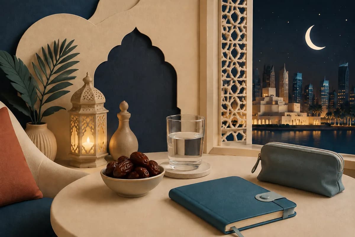 Dates, a glass of water, a closed notebook and medicine pouch beside a lantern in a Gulf-inspired evening room.