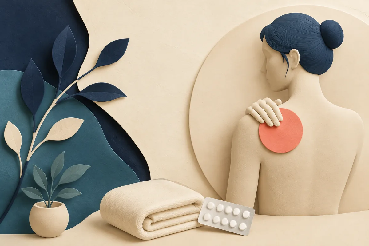 Conceptual adult touching a sore shoulder beside an unlabelled medicine blister and folded towel.